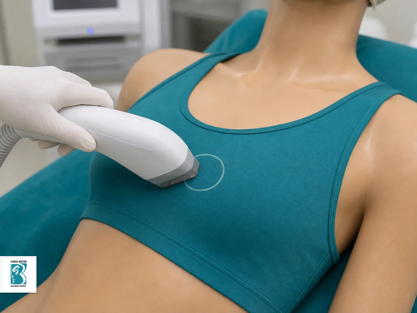 Sani perimamelonar Epilare laser perimamelonara reprezentata discret pe bust acoperit cu bustiera medicala opaca si marcaj circular