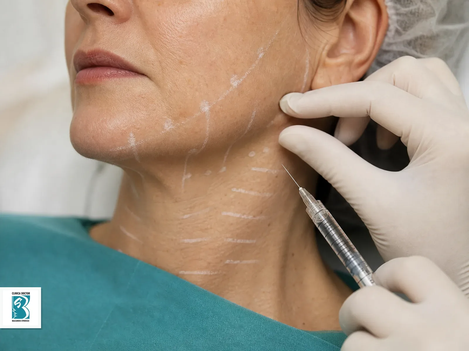 Sculptra față și gât – tratament injectabil stimulator de colagen Biostimulator injectabil pentru Sculptra față și gât – tratament injectabil stimulator de colagen, aplicat în zonă marcată clinic