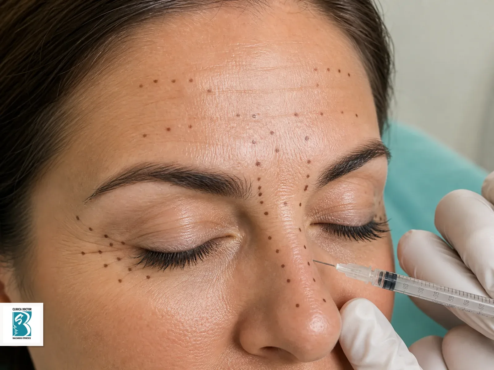 Tratament injectabil cu toxină botulinică pentru Toxină botulinică - 3 zone + zona nasului (full botox), cu puncte de tratament marcate