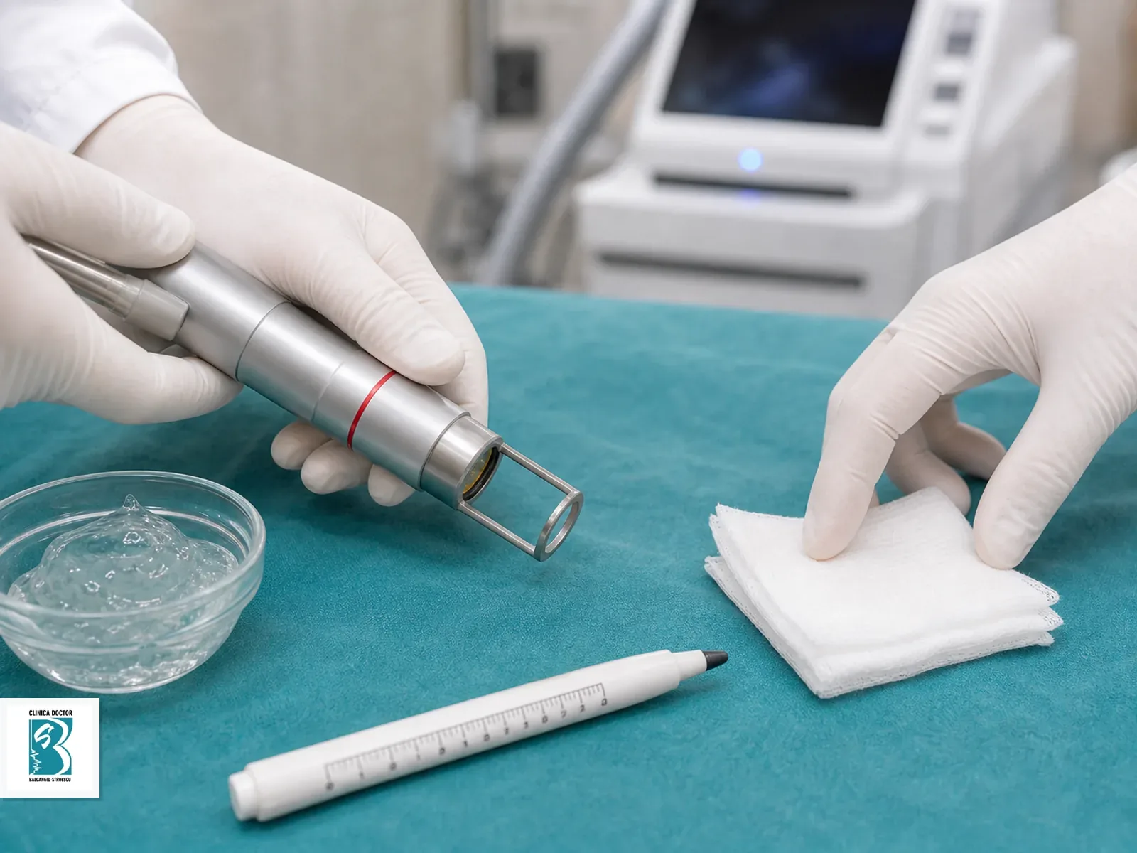 Tratament laser CO2 hybrid rejuvenare vaginala + zona genitala exteriora Instrumentar steril pregătit pentru Tratament laser CO2 hybrid rejuvenare vaginala + zona genitala exteriora, prezentat fără expunere anatomică