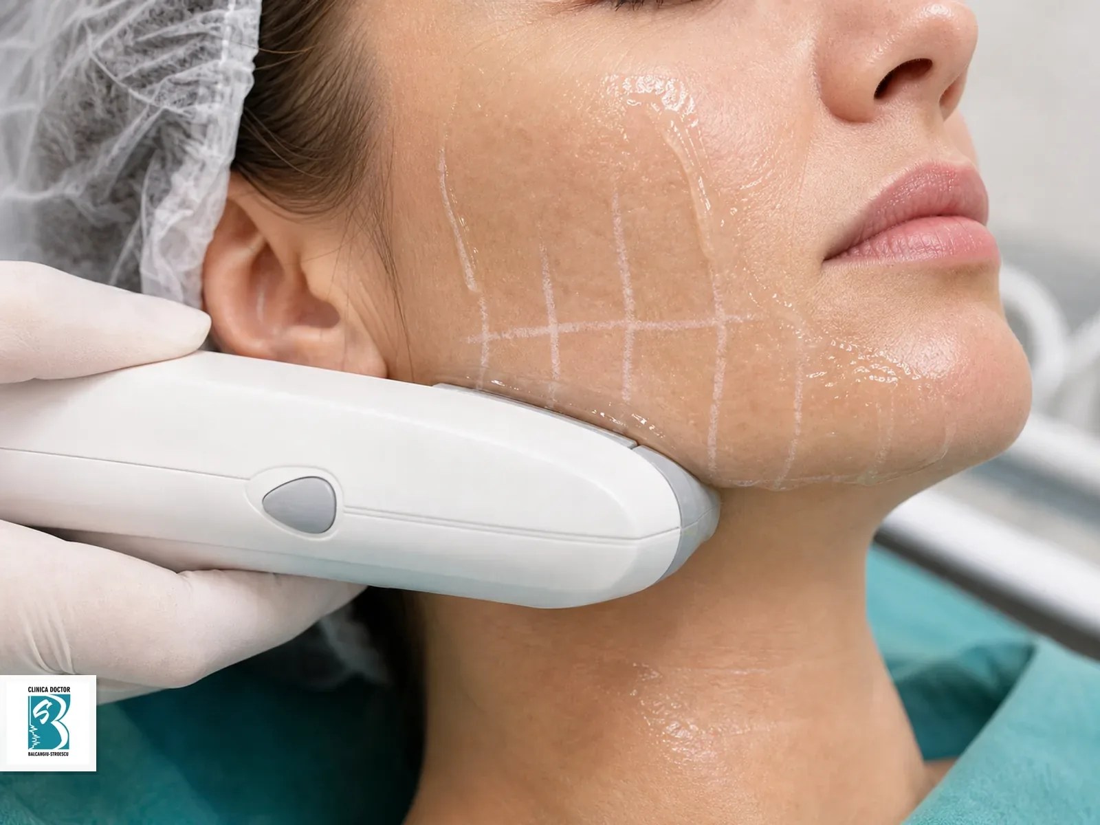 Tratament Liftera/HIFU microfocusat – lifting facial și corporal non-chirurgical - o zonă tratată Aplicator Liftera HIFU pentru Tratament Liftera/HIFU microfocusat – lifting facial și corporal non-chirurgical - o zonă tratată, ghidat pe zona marcată
