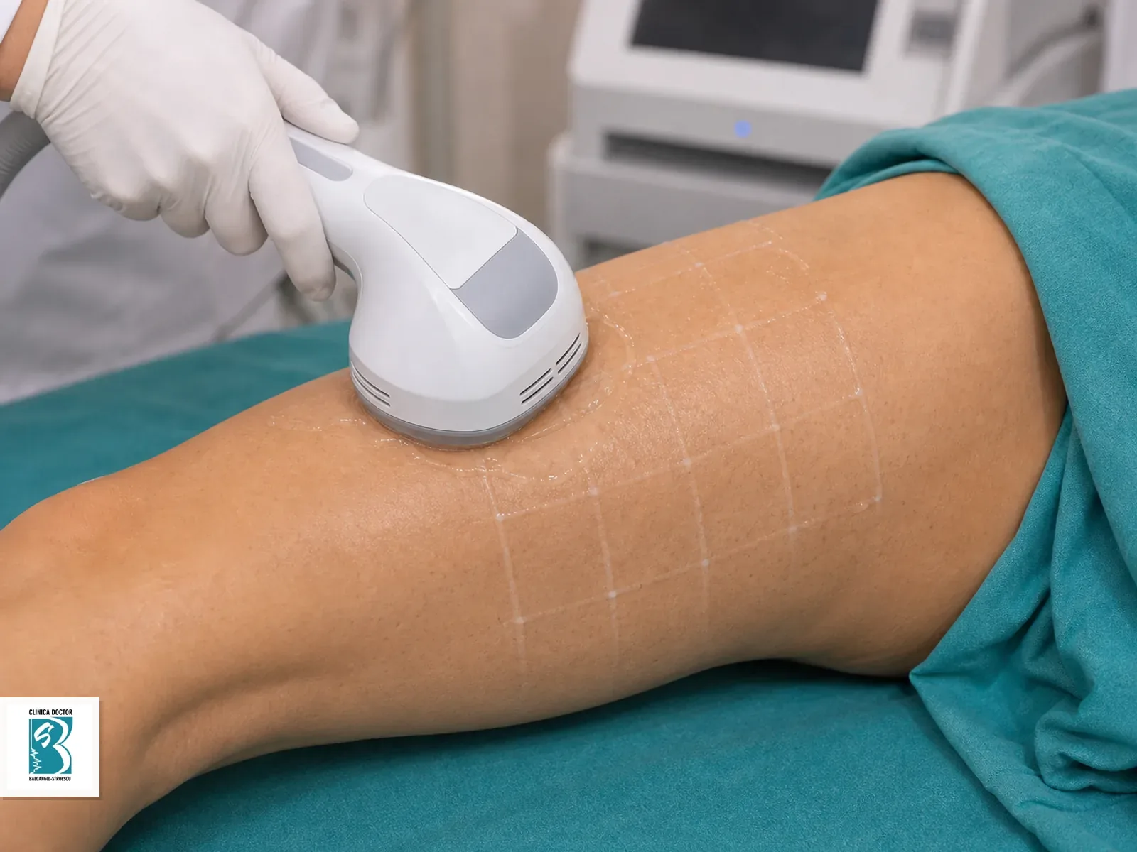 Vanquish flex interior si lateral coapse Aplicator Vanquish Flex pe coapsa, cu marcaj clinic pentru zona interioara si laterala