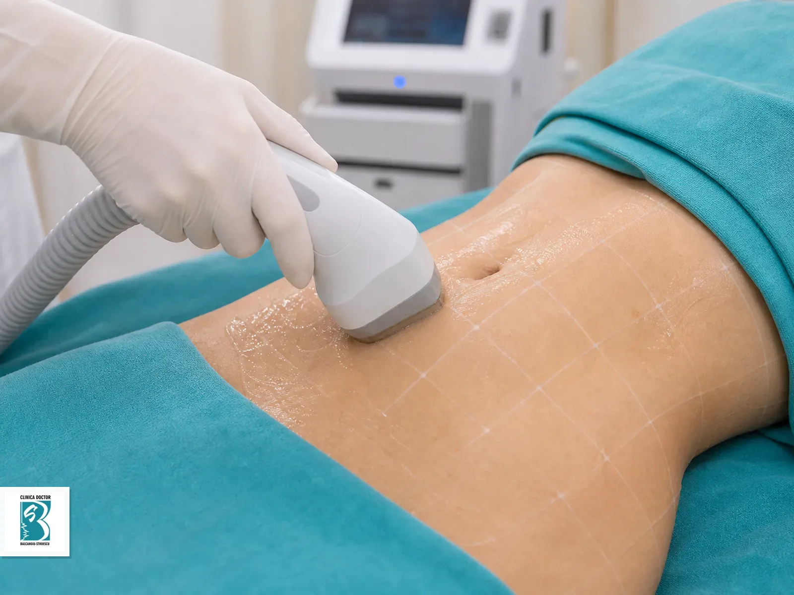 Vanquish me abdomen si flancuri Aplicator Vanquish pe zona abdomenului si flancului, cu drapaj medical si gel de tratament