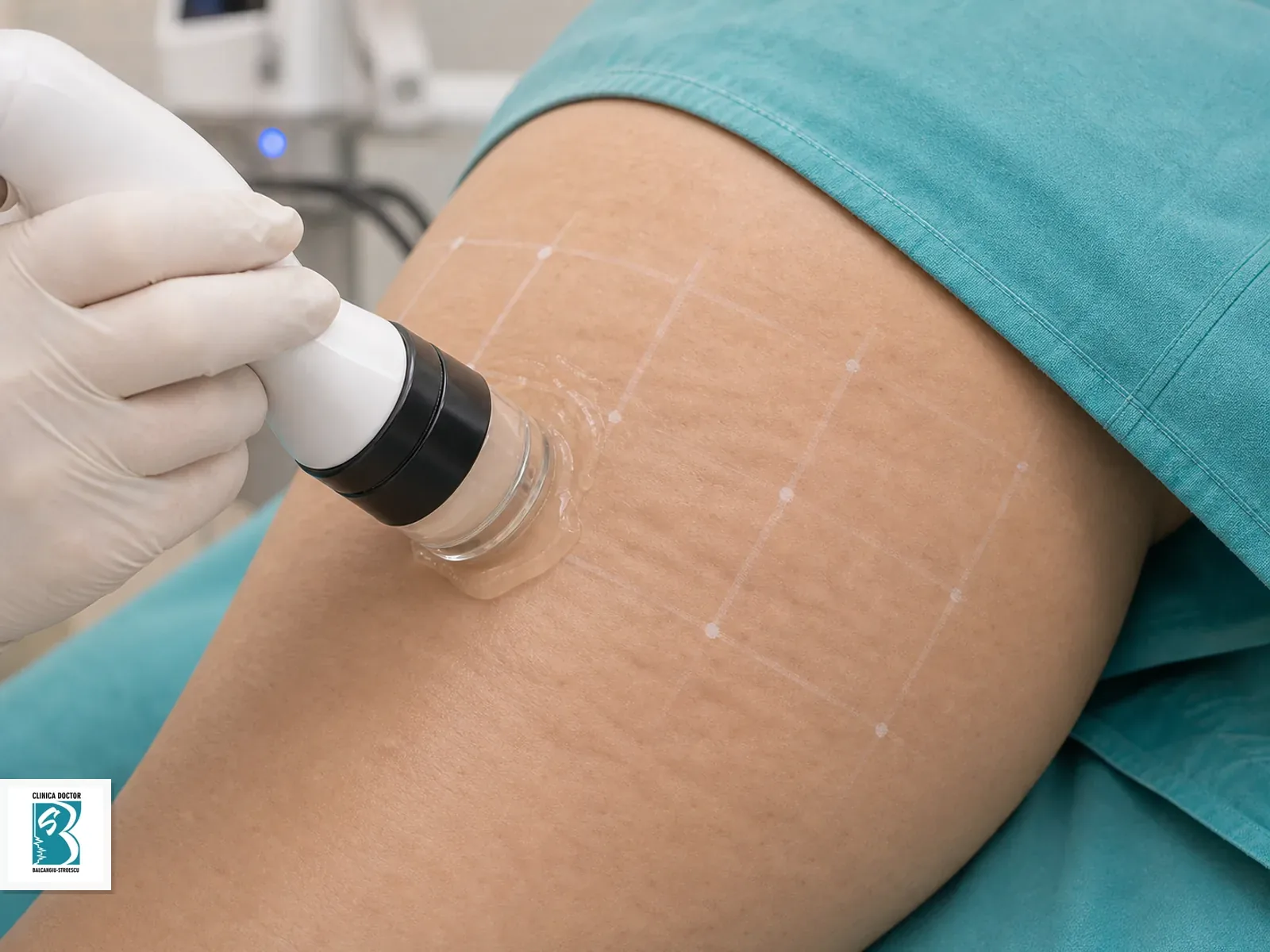 X-wave tratament celulita cu unde acustice - zonă mică Aplicator medical pentru X-wave tratament celulita cu unde acustice - zonă mică, poziționat pe zona corporală sau facială tratată
