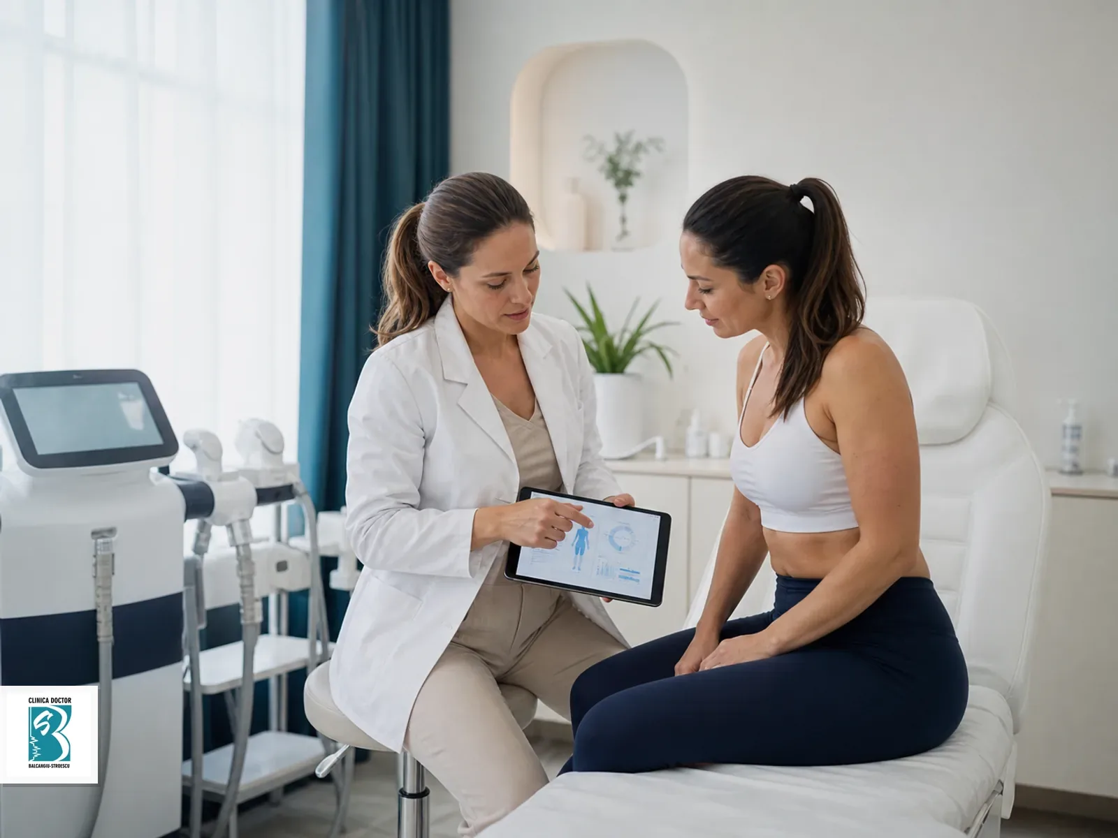 Evaluare corporala pentru Body Reset Premium Medic estetician discuta un plan de remodelare corporala non-invaziva cu o pacienta