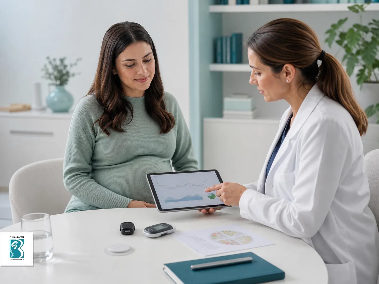 Medic si pacienta gravida analizeaza monitorizarea glicemiei pentru diabet gestational
