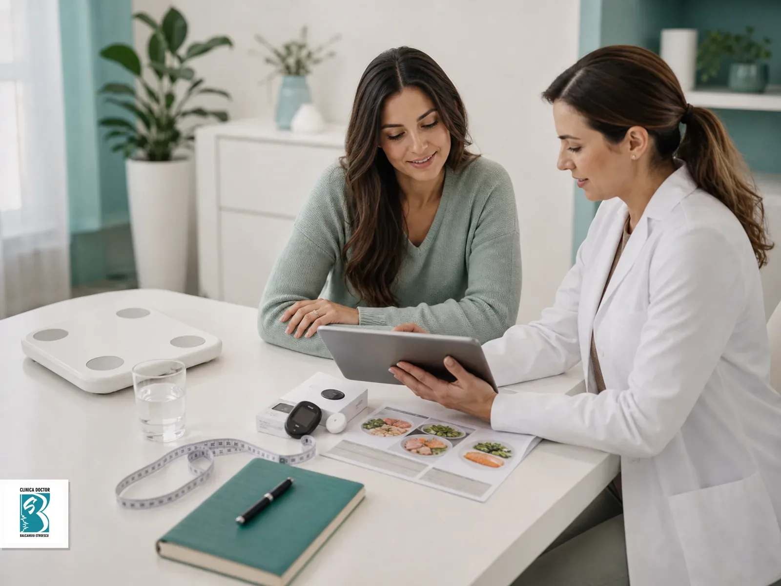 Medic si pacienta analizeaza un plan metabolic personalizat intr-un cabinet luminos