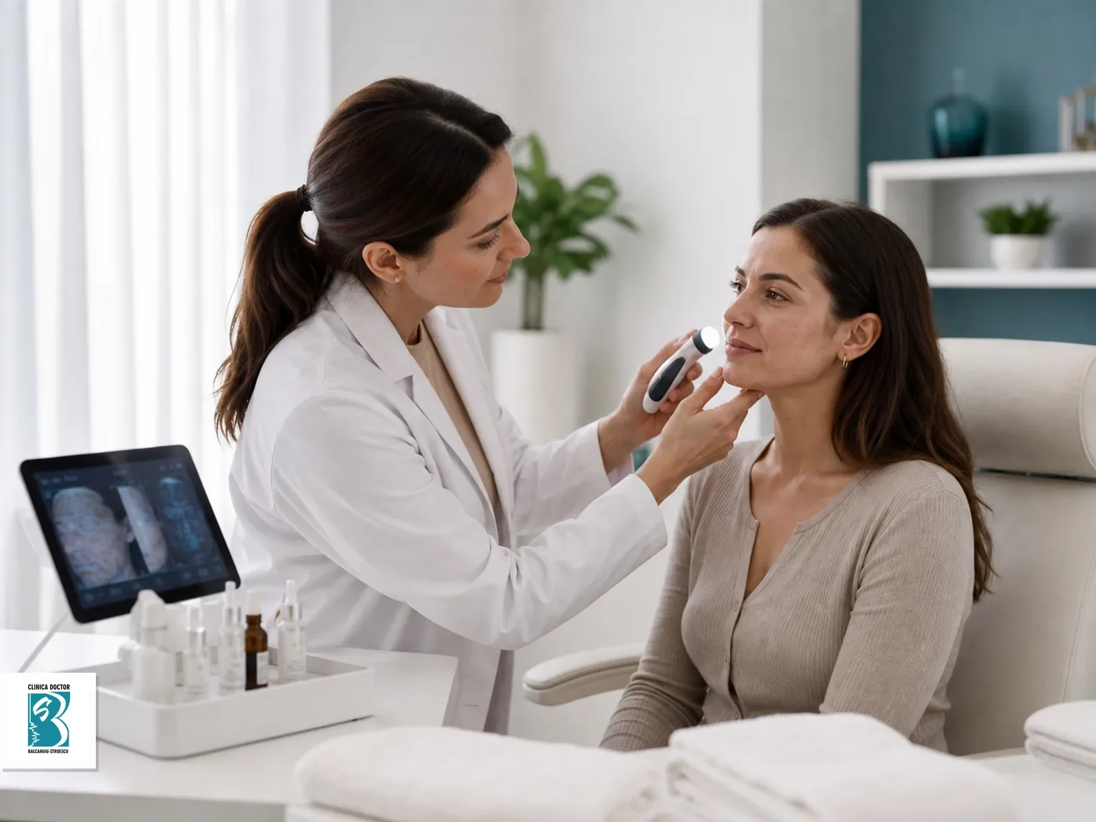 Evaluare faciala pentru Skin Reset Facial Medic evalueaza pielea pacientei pentru textura, luminozitate si fermitate