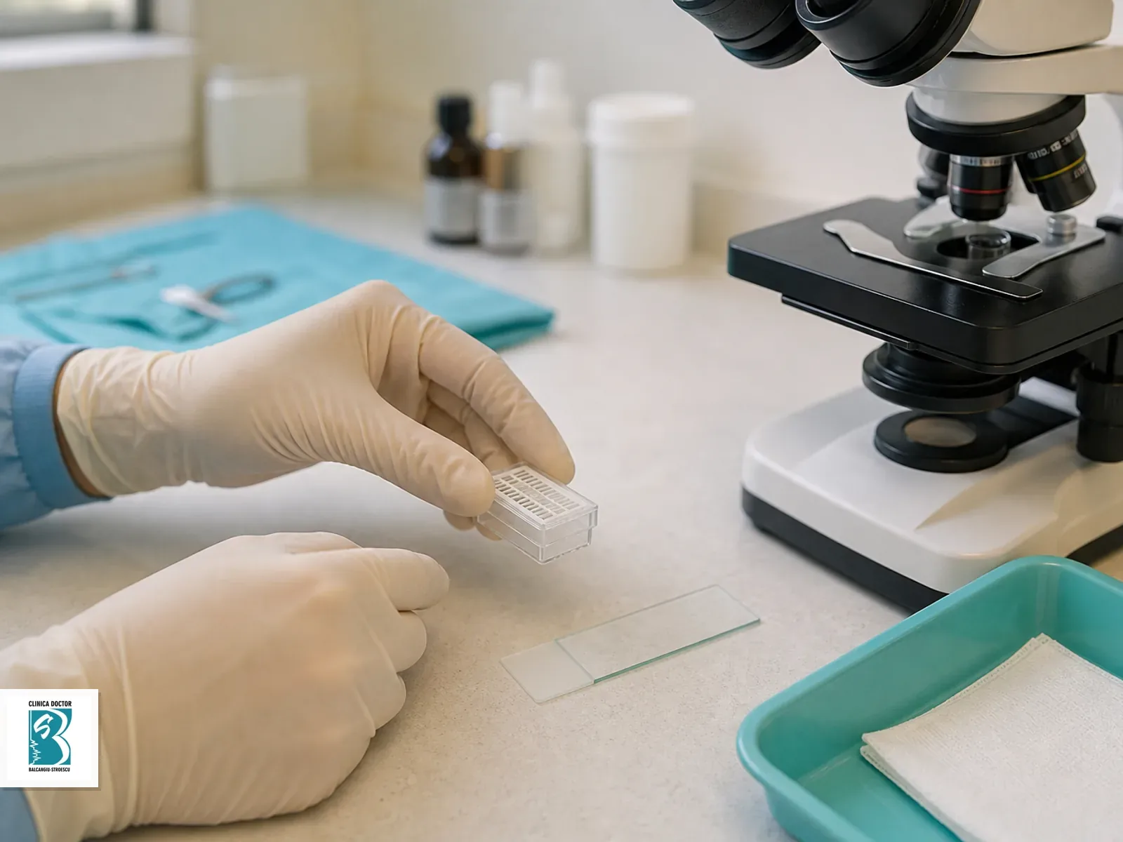 Analiza histopatologica leziune (biopsie) Proba de tesut cutanat pregatita pentru analiza histopatologica
